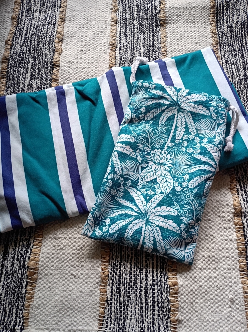 Striped And Floral Beach Towel  Teal Tropical Drawstring Pouch And Zipper Pocket